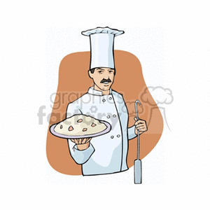 Cartoon chef holding a platter of spaghetti