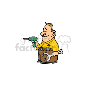 This clipart image depicts a smiling man dressed as a handyman, mechanic, or carpenter. He is holding a drill in his right hand, and he is wearing a tool belt around his waist filled with various tools, including at least one visible wrench. The man appears to be ready for construction or repair work.