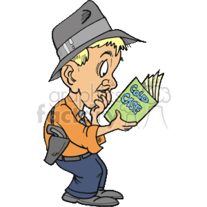   The clipart image depicts a cartoon of a private investigator or detective character. The character is wearing a gray fedora and is intently reading a green file labeled COLD CASE. The detective appears to be thinking hard, with a hand on the chin, suggesting deep concentration. The character is also wearing an orange shirt, a tie, and gray pants, and there is a holster with what appears to be a pistol on the belt, indicating the detective