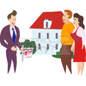   In the image, there is a representation of a real estate agent or realtor shown as a man in a suit holding a folder or documents. He is standing beside a For Sale sign. There