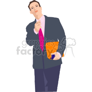 The image is a clipart of a man who appears to be a realtor or a salesman. He is dressed in professional attire with a suit and a brightly colored tie. His pose suggests he might be thinking or pondering something, perhaps about a sale or a property. He's holding what looks like a folder or documents, commonly associated with someone in sales or real estate. His expression is somewhat contemplative or calculating.