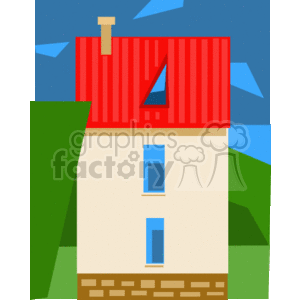   The image appears to be a simple, stylized clipart of a two-story house with a red roof and a chimney on top. The house has a beige facade with two blue windows visible and a brick foundation. There