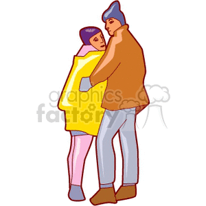 Clipart of a couple embracing while wearing winter clothing.