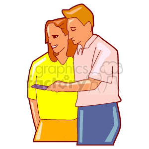 A clipart image of a couple enjoying a moment together, with one person holding an object that they are both looking at.