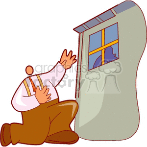 Cartoon illustration of a man kneeling outside a window, possibly depicting a romantic or dramatic scene.