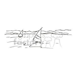 This is a black and white clipart image featuring a scene from an ocean or sea. It shows two sailboats with their sails fully hoisted, navigating through the water. There are waves depicted, indicative of some movement and activity in the water, suggesting a breezy environment typically found at sea.