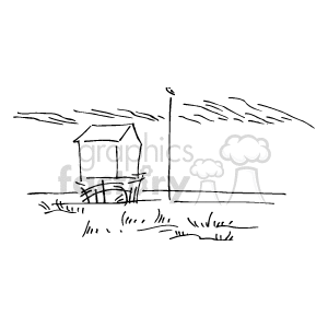   The clipart image depicts a simplified scene of a beach house by the coast. There is an ocean with waves in the background, indicating the proximity to water. The house seems to be elevated on stilts, likely as a protective measure against high tides or flooding. Furthermore, there