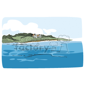 The clipart image depicts a coastal scene, likely embodying the essence of the East Coast. In the background, there are green hilly landscapes with what appear to be small houses or cottages nestled among the hills, suggesting a peaceful, perhaps residential or rural area. In the foreground, there's a body of water, likely the ocean, depicted in shades of blue with wave patterns indicating calm movement. There is a clear sky overhead with a few simplified clouds.