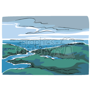 The clipart image shows a stylized representation of a coastal landscape. There's the ocean in the background with some small waves visible. The foreground features what appear to be dunes or grass-covered hills, typical of many coastlines. There are a few clouds in the sky above.