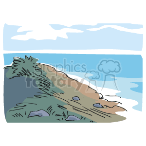 The clipart image depicts a scene that could be interpreted as an ocean coastline. It illustrates a sloping headland or bluff covered with grass and some bushes, reaching down toward the water. It appears to be a calm day with the water showing no signs of waves or rough surf. The sky is visible with some clouds, implying that it might be a fair weather day. 