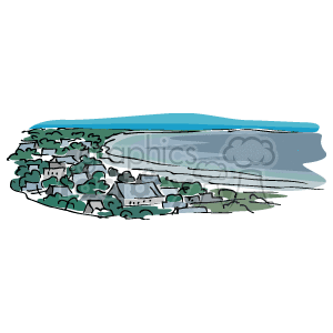 The clipart image depicts a simplified coastal scene. There is a body of water, likely representing the ocean, at the top part of the image. Below it, there's a sandy beach area leading to a cluster of small, stylized houses surrounded by greenery, presumably indicating a coastal village or town. The overall scene aims to represent a coastline, possibly on the east coast, with residential areas close to the sea.