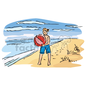   The clipart image depicts a person standing on a beach holding a red beach ball. The person is wearing sunglasses and blue shorts. The beach has some grassy areas on sand dunes and there