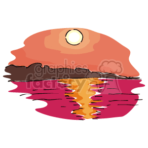 This clipart image depicts a stylized sunset scene at the beach. The elements included are the sun setting over the horizon, the ocean, and the reflection of the sun on the water surface. The colors suggest it is dusk.