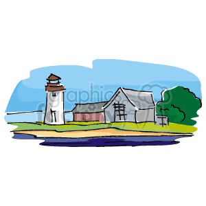 The clipart image depicts a coastal scene, featuring a lighthouse, a small building which could be a boathouse or a cottage, and a tree. The lighthouse is situated near the edge of the land, overlooking the water. There's a clear sky in the background and the ocean is visible.