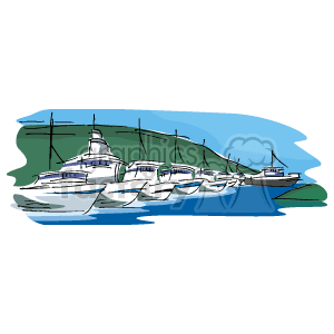 The clipart image depicts a coastal scene, likely representing the East Coast, with multiple boats and yachts moored near the shore. The ocean is visible, along with the coastline in the background, which includes a hill or cliff. The water is shown in shades of blue, indicating depth or currents, and the sky is illustrated with a light hue, suggesting a clear day.