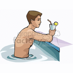 Boy at the side of the pool drinking lemonaide