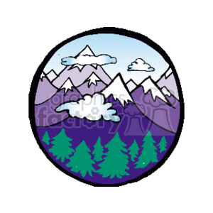 The clipart image features a stylized representation of a mountain landscape within a circular border. It includes several peaks, some capped with snow, under a blue sky with white clouds, and a group of green coniferous trees at the foothills of the mountains. The colors are primarily shades of purple for the mountains, green for the trees, and blue for the sky.