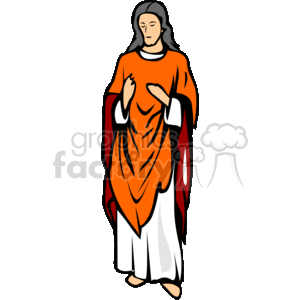This clipart image features a stylized representation of a religious figure, possibly from Christian iconography, wearing a long orange robe with red and white details. The figure has long, dark hair, a serene facial expression, hands crossed over their chest in a posture of humility or prayer, which is common in religious imagery denoting reverence or piety.