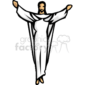 The image shows a stylized representation of Jesus Christ, depicted in a traditional manner with outstretched arms. He is wearing a long, flowing white robe with a simple design, and he has a beard. The image is set against a transparent background and utilizes a limited color palette, which is typical for clipart.