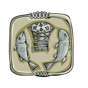 Illustration of two fish surrounding a basket with cross designs, symbolizing religious or biblical themes.