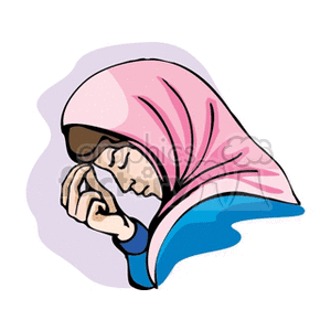 Clipart of a person wearing a pink hijab and blue clothing, depicted with eyes closed and hands held in a prayer position.