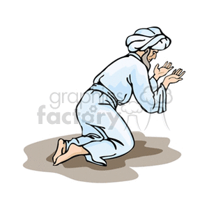 Clipart of a person kneeling in prayer, wearing traditional clothing and a turban, symbolizing a religious practice in Islam.