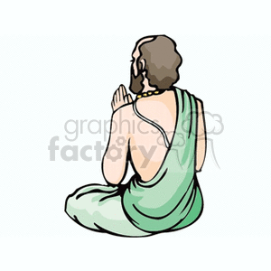 Clipart of a person sitting cross-legged and praying, with hands together and wearing traditional clothing.