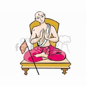 Illustration of a person in a meditative or prayerful pose, seated cross-legged on a platform with hands in prayer gesture.