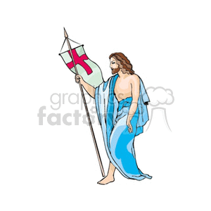 Illustration of a religious figure with long hair in a blue robe holding a flag with a red cross.