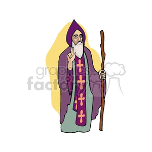 Clipart image of a religious figure, possibly a saint or priest, holding a staff and wearing a robe with crosses.