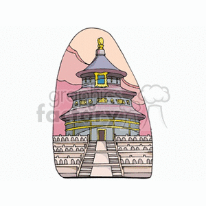 Illustration of a traditional Asian temple surrounded by decorative walls and steps.