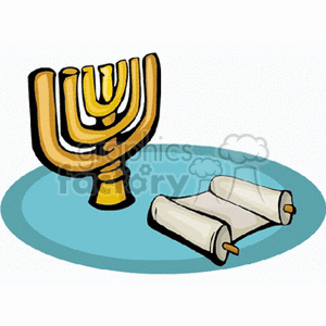 Clipart image of a menorah and a scroll symbolizing religious concepts.