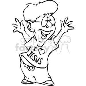 This clipart image depicts a caricature of a person wearing glasses, a T-shirt, and pants. The T-shirt has the phrase I [heart] Jesus printed on it, which indicates a religious Christian theme. The caricature has an exaggerated smile and is raising both hands, which suggests enthusiasm or celebration.