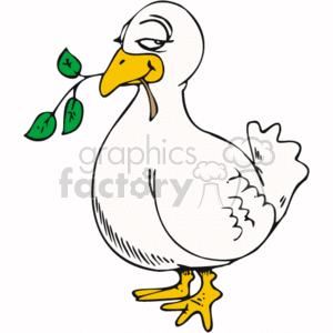 The image is a clipart of a dove standing and holding an olive branch with its beak. The dove appears to be cartoonish with a friendly demeanor, which is often used to symbolize peace or as a reference to the biblical story of Noah's Ark, where a dove brings back an olive branch to show that the flood waters have receded.
