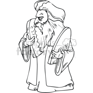 This clipart image features a depiction of Moses, a central figure in various religious traditions, such as Judaism, Christianity, and Islam. Moses is shown with a long beard and flowing robes, holding two stone tablets, which are known as the Ten Commandments or the Decalogue. These tablets represent the moral imperatives that, according to biblical narratives, were given to Moses by God on Mount Sinai. The image is stylized in a simple line-drawing format, suitable for educational or religious materials, coloring books, or as an iconographic representation of the religious story.