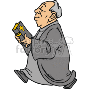 The clipart image features a character depicted as a Christian priest or clergyman. He is kneeling and appears to be in a prayerful or contemplative pose. He is holding a book, likely intended to represent the Bible, which has a cross on the cover — a common symbol of Christianity.