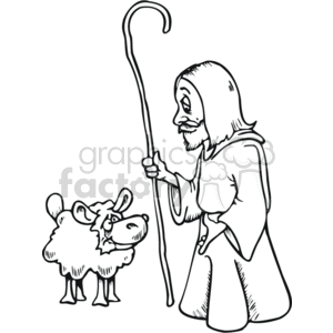   This clipart image depicts a smiling figure that is traditionally interpreted as Jesus in religious artwork, standing with a shepherd