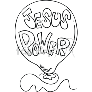The image is a black and white clipart featuring a balloon with the words JESUS POWER written inside it in a stylized manner. The balloon is depicted with a tied end, suggesting it is inflated, and a simple curved line below represents a dangling string or ribbon.