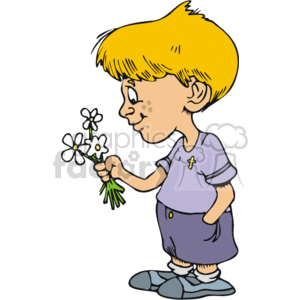 Christian boy with a cross pinned to his shirt holding daisies
