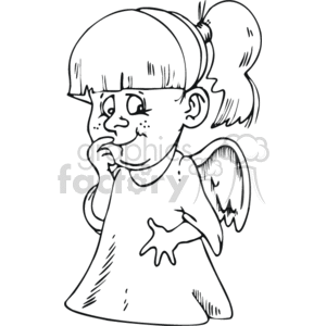 The clipart image depicts a cartoon of a young girl with angel wings. The girl has a ponytail on one side of her head, and she appears to be in a thoughtful or curious pose, with one hand touching her face. She's wearing a simple dress with a noticeable patch on it.