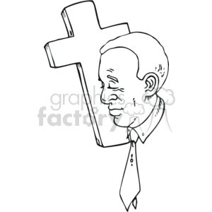 The clipart image features a line drawing of a man standing next to a Christian cross. The man appears contemplative or reverent. The cross is prominent in the composition, suggestive of the religious theme of Christianity. The man's attire includes a shirt with a collar and a tie, which could indicate a formal or professional setting.