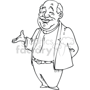 The image is a black and white clipart depicting a smiling man who could be interpreted as a religious figure such as a priest or pastor. He is dressed in what appears to be a suit with a jacket and trousers, and seems to be in a welcoming or speaking gesture with one hand raised as if addressing someone or explaining something. The man's facial features are friendly and approachable.