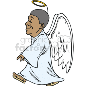   The clipart image features a character that appears to be an angel, depicted with wings and a halo. The angel is shown wearing a robe, kneeling, and has a peaceful expression. The angel