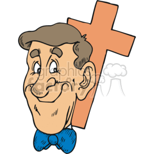 This clipart image features a stylized cartoon man with a large, friendly smile, wearing a blue bow tie. Behind him, there's a large Christian cross that is orange in color. The style of the image is light-hearted and seems appropriate for a wide range of ages, potentially for educational or religious material.