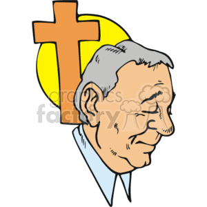 The clipart image shows a side profile of a man with a contemplative or peaceful expression. Behind him is a Christian cross set against a yellow circle, which could represent a halo or divine light.