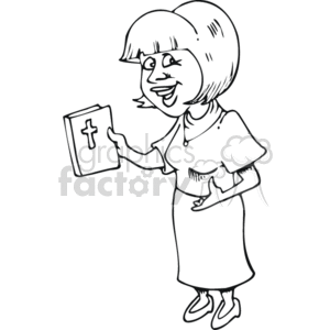 The clipart image depicts a cheerful woman holding a book with a cross on the cover, which is commonly associated with a Bible, indicating a Christian religious theme. She wears a mid-length skirt and a short-sleeved top, and has a short haircut.