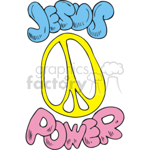 The clipart image depicts the word Jesus in blue at the top, a yellow peace symbol in the center, and the word Power in pink at the bottom, implying a religious or spiritual message that combines Christian faith with the concept of peace and power.