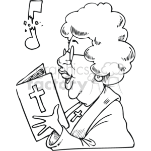 The clipart image features a character engaged in singing, with musical notes indicating the act of singing or vocalization. The character is holding a book with a cross on the cover, suggesting it is a hymnal or a Bible, often used in Christian religious contexts. The person is portrayed with glasses, a joyful expression, and a musical note floating in the air, reiterating the theme of music and singing, typically associated with a church choir or religious service.
Concise 