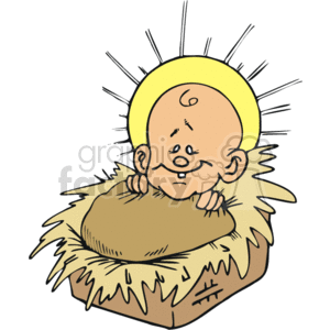 The clipart image depicts a stylized representation of baby Jesus in a manger with a radiant halo around his head. This is a common depiction associated with the Christian celebration of the Nativity, which commemorates the birth of Jesus Christ.