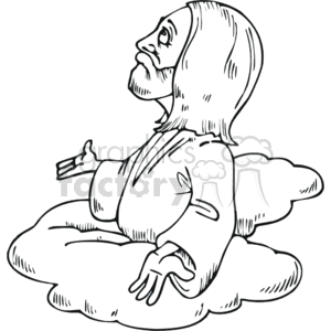 The image is a black and white line drawing of a figure that appears to be depicting Jesus Christ. The figure has a beard and long hair, characteristic of traditional Christian iconography representing Jesus. He is seated on clouds, which often symbolize heaven or the divine in religious art. The figure's right hand is extended outward, and he is looking upward, possibly in a gesture of teaching, blessing, or communion with the divine.